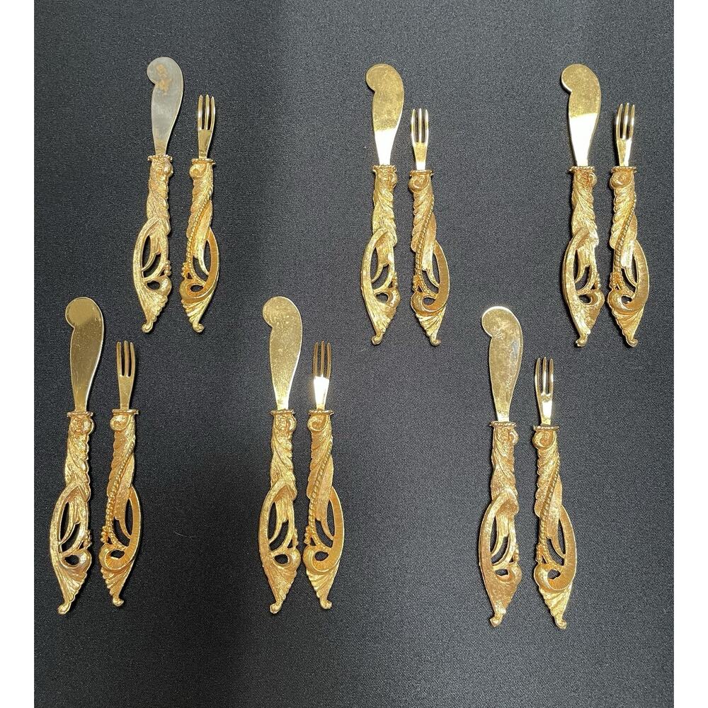 Vintage 24K GP Marked TAN Oyster Appetizer Forks & Knives. Janis Set of 12.